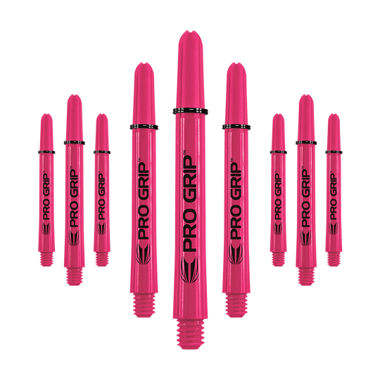 Varillas Target Pro Grip - 3 juegos - Rosa Auf dem Bild sind neun pinke Pro Grip Shafts zu sehen, die für Dartpfeile verwendet werden. Sie sind gleichmäßig angeordnet und tragen den Schriftzug "PRO GRIP" in schwarzer Farbe.