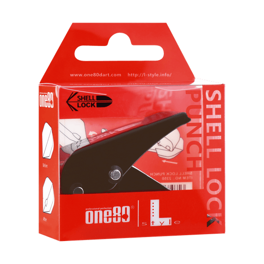 Punzón de bloqueo de carcasa One80 estilo L Das Bild zeigt die Verpackung des Produkts "L-Style One80 Shell Lock Punch Flightlocher". In der Packung befindet sich ein schwarzer Lochstanzer für Dart-Flights.