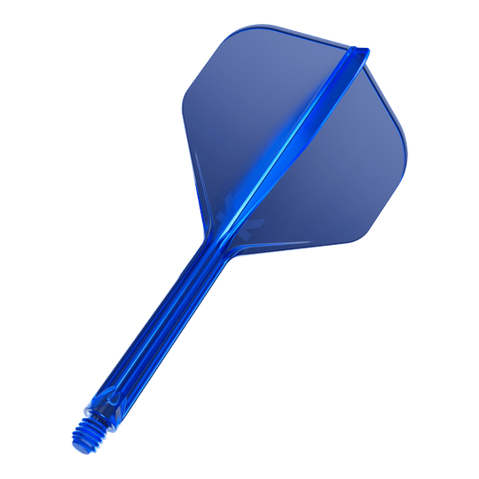 Das Bild zeigt einen blauen Dart-Flight mit integriertem Schaft. Der Flight ist durchsichtig und besitzt eine Standardform.