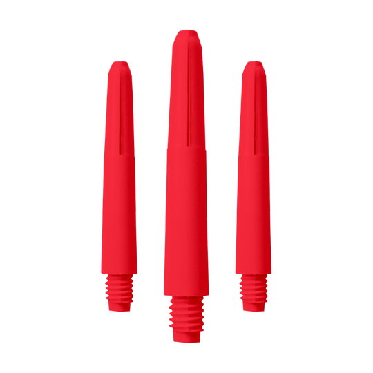 Das Bild zeigt drei rote Nylon-Schäfte mit Gewinde. Sie sind als Zubehör für Darts geeignet.