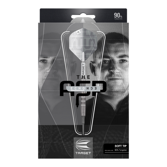 Dardos blandos Target Nathan Aspinall X Echo - 18 g Auf dem Bild ist die Verpackung des Produkts „Target Nathan Aspinall X Echo Softdarts - 18g“ zu sehen. In der Mitte der Verpackung befindet sich ein Softdart mit der Aufschrift „TARGET“ und im Hintergrund sind zwei Gesichter abgebildet.