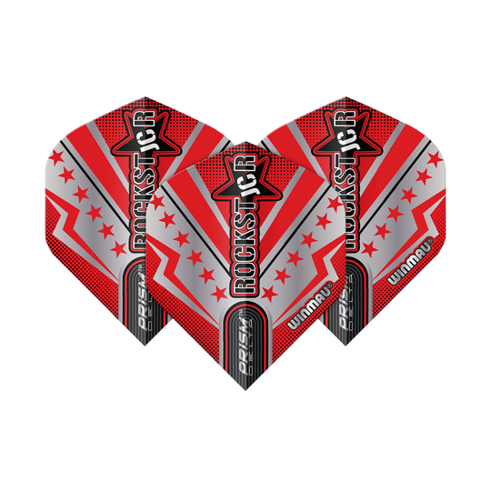 Vuelos estándar Winmau Prism Delta Joe Cullen Rockstar Series No2 Das Bild zeigt drei Dart-Flights der Serie "Winmau Prism Delta Joe Cullen Rockstar No2". Die Flights sind in rot, silber und schwarz gestaltet und tragen die Aufschrift "ROCKSTAR".