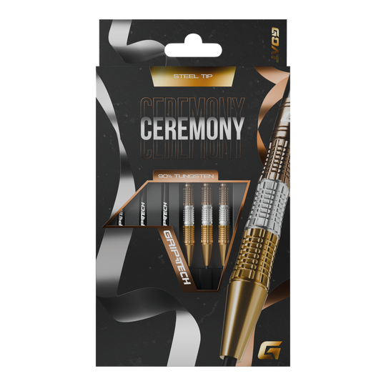 Dardos de acero de tungsteno para la ceremonia GOAT Die Abbildung zeigt eine Packung „GOAT Ceremony Tungsten Steeldarts“. Die Verpackung hebt die Eigenschaften wie 90% Tungsten und Grip-Tech besonders hervor.