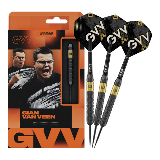 Dardos de acero Winmau Gian Van Veen Core Brass - 21 g Auf diesem Bild sieht man Winmau Gian Van Veen Core Brass Steeldarts mit 21 Gramm. Die Dartpfeile liegen nebeneinander und sind gut erkennbar.