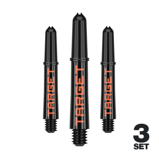Varillas Target Pro Grip TAG - 3 juegos - Negro Naranja Auf dem Bild sind drei schwarze Dartschäfte mit orangener "TARGET"-Aufschrift zu sehen. Unten rechts steht "3 SET", was darauf hinweist, dass es sich um ein Set aus drei Stück handelt.