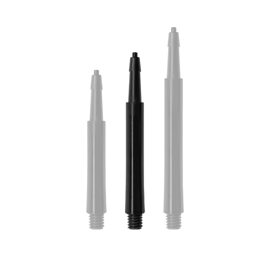 HRC12626_Harrows_Clic_Standard_Shafts_Schwarz_30mm_1CuW7VeyIAahRT Das Bild zeigt drei schwarze Harrows Clic Standard Shafts in verschiedenen Längen. Die Shafts sind für Dartpfeile geeignet.