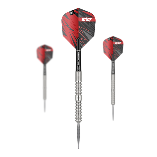 Dardos de acero Target Sebastian Bialecki GEN1 Swiss Point - 22 g Das Bild zeigt drei Steeldarts des Modells "Target Sebastian Bialecki GEN1 Swiss Point" mit einem Gewicht von 22g. Die Darts haben silberne Spitzen und Schäfte mit roten und schwarzen Flights.