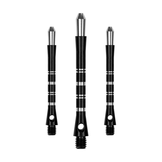 561_Target_Colette_Shafts_Schwarz_47mm_1 Das Bild zeigt drei schwarze Dartshafts der Marke Harrows Colette. Die Shafts haben silberne Akzente und ein schlankes, modernes Design.