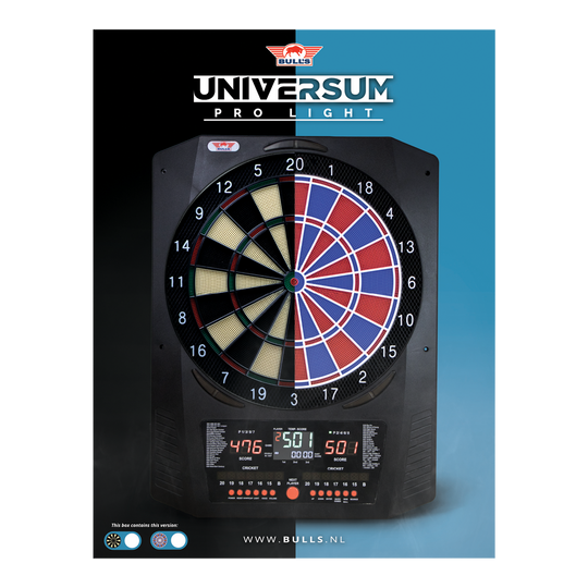 Diana electrónica Bulls NL Universum Pro Light - Azul y rojo Hier sieht man das Bulls NL Universum Pro Light Elektronisches Dartboard in den Farben Blau und Rot. Dieses Dartboard bietet viele Spieloptionen.