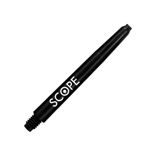 Das Bild zeigt einen schwarzen Nylon-Schaft für Darts mit der Aufschrift "SCOPE". Es handelt sich um das Produkt "McDart Scope Nylon Shafts".