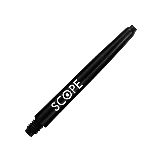 523_McDart_Scope_Nylon_Shafts_Schwarz_48mm_2 Das Bild zeigt einen schwarzen Nylon-Schaft für Darts mit der Aufschrift "SCOPE". Es handelt sich um das Produkt "McDart Scope Nylon Shafts".