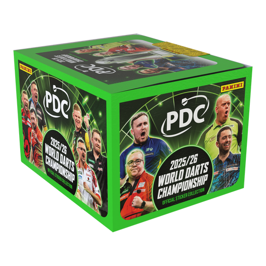 Auf dem Bild sieht man die Panini PDC World Darts Championship 2025/26 Stickerbox mit 65 Tüten. Die Box ist speziell für Sammler und Fans der Darts-Weltmeisterschaft.