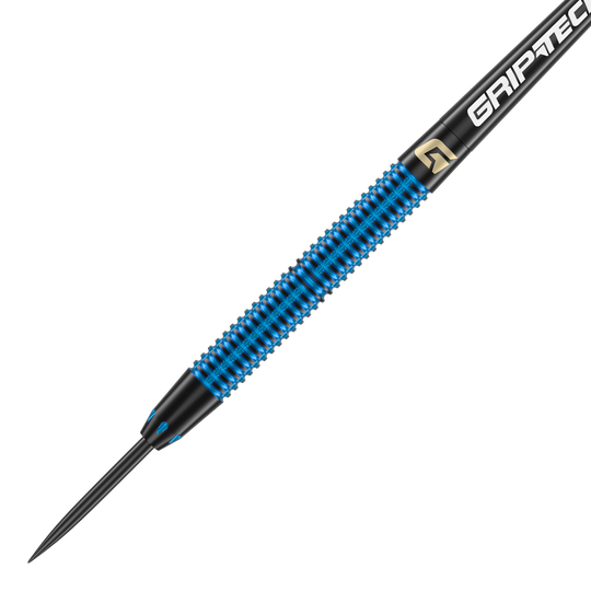 Dardos GOAT Athlete de latón azul - 12 g Das Bild zeigt einen GOAT Athlete Blue Brass Steeldart mit einem Gewicht von 12g. Der Dart hat eine blaue geriffelte Oberfläche und eine schwarze Spitze.