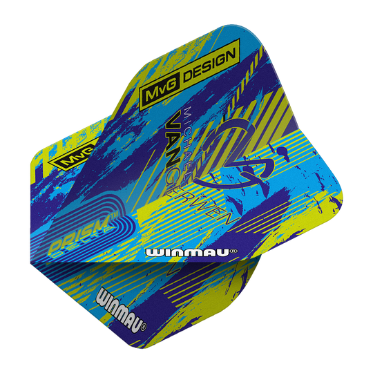 Plumas estándar Winmau Delta Michael Van Gerwen Prism 04 Das Bild zeigt die Winmau Delta Michael Van Gerwen Prism 04 Standard Flights. Das Design ist bunt mit blauen, gelben und violetten Akzenten sowie dem Schriftzug „MvG DESIGN“ und „Winmau“.