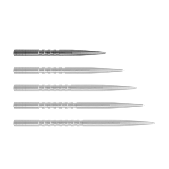 Puntas de dardo Condor Beak Point con corte Auf dem Bild sind fünf silberne Dartspitzen nebeneinander zu sehen. Sie haben eine gerade Form mit feinen Rillen im hinteren Bereich und einer spitzen Vorderseite.