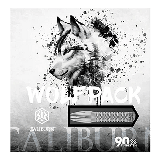 Dardos de acero Caliburn Wolfpack W4 - 20 g Das Bild zeigt die Verpackung der Caliburn Wolfpack W4 Steeldarts mit einem Wolf-Design. Auf der Verpackung steht, dass die Darts 20g wiegen und aus 90% Tungsten bestehen.