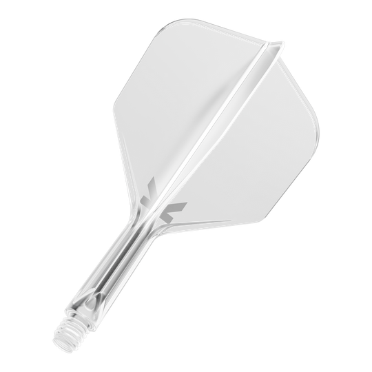 Sistema de vuelo Target K-Flex No6 - Transparente Das Bild zeigt ein durchsichtiges Dart-Flightsystem mit einem integrierten Schaft. Es ist vor schwarzem Hintergrund abgebildet.