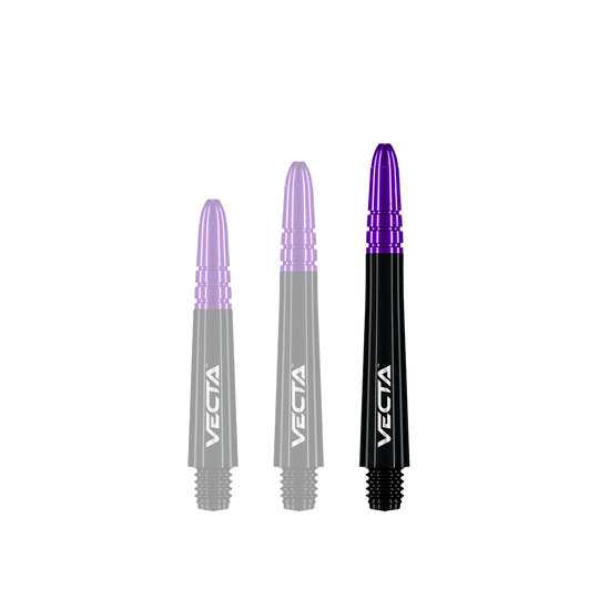 Auf dem Bild sind drei Dartschäfte in unterschiedlichen Längen zu sehen. Sie sind schwarz mit violetten Spitzen und tragen die Aufschrift "VECTA".