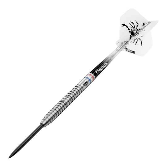 Dardos de acero Bulls Challenger Kendji Steinbach - 23 g Abgebildet sind die Bulls Challenger Kendji Steinbach Steeldarts mit einem Gewicht von 23g. Die Darts haben ein markantes Design und sind speziell für Steeldart-Spieler entwickelt.