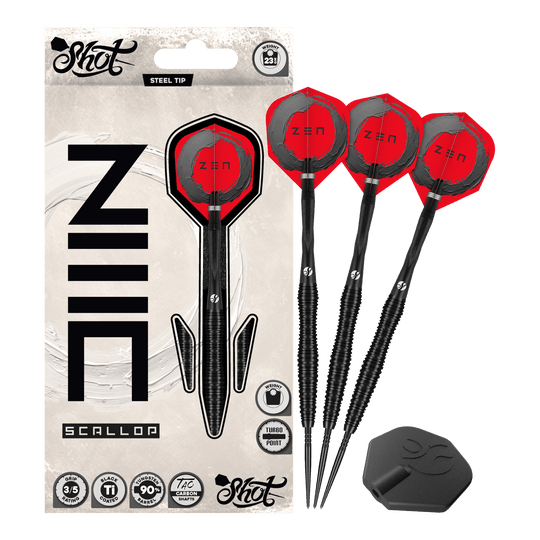Dardos de acero Shot ZEN Scallop Turbo Point - 23 g Das Foto präsentiert die Shot ZEN Scallop Turbo Point Steeldarts - 23g in Gesamtansicht. Sie verbinden modernes Design mit hoher Treffsicherheit.
