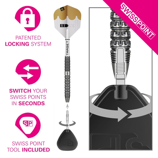 Dardos de acero Target Redux 01 Swiss Point Diese Abbildung zeigt die Target Redux 01 Swiss Point Steeldarts. Es handelt sich um hochwertige Steeldarts für Dartspieler.