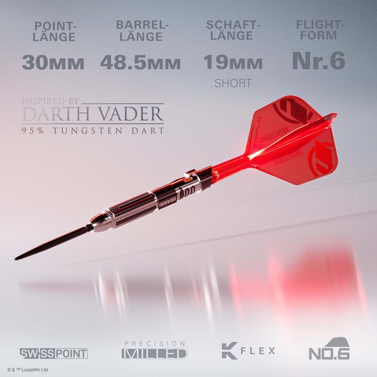 Dardos Target Star Wars Darth Vader Sith Lord Lightsaber Edición Limitada Primera Edición - 24 g Das Bild zeigt die Target Star Wars Darth Vader Light Saber Limited Edition Steeldarts - 24g. Es handelt sich um eine limitierte Edition von Dartpfeilen inspiriert von Darth Vader.