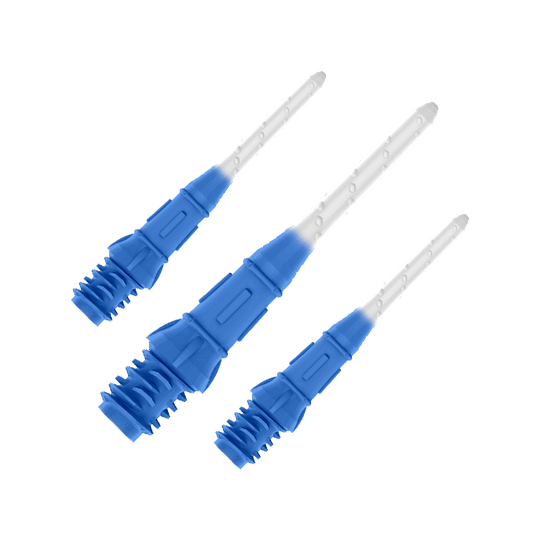Das Bild zeigt drei blaue und weiße Dartspitzen, die nebeneinander liegen. Die Spitzen haben ein zweifarbiges Design mit dunklem Blau am unteren Teil und Weiß am oberen Teil.