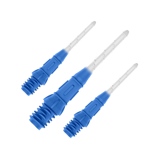 Labios de punta bicolor premium estilo L (paquete de 30) Das Bild zeigt drei blaue und weiße Dartspitzen, die nebeneinander liegen. Die Spitzen haben ein zweifarbiges Design mit dunklem Blau am unteren Teil und Weiß am oberen Teil.