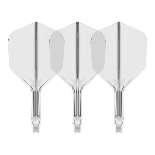 Sistema de vuelo Target K-Flex No6 - Transparente Auf dem Bild sind drei durchsichtige Dartflights mit integriertem Schaft zu sehen. Sie stehen nebeneinander vor schwarzem Hintergrund.
