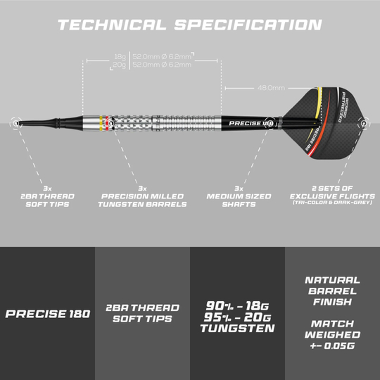 Dardos blandos Precise 180 Ricardo Pietreczko GEN1 Precise 180 Ricardo Pietreczko GEN1 Softdarts sind Softdarts mit besonderem Design. Sie eignen sich perfekt für elektronische Dartboards.