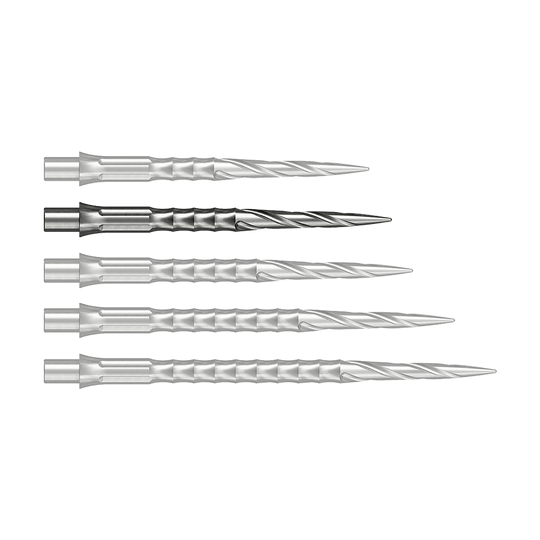 Vermutlich wird eine silberne Steeldartspitze mit 30 mm Länge abgebildet. Sie stammt aus dem Caliburn Evo System und ist vom Typ Spiro NoLip.
