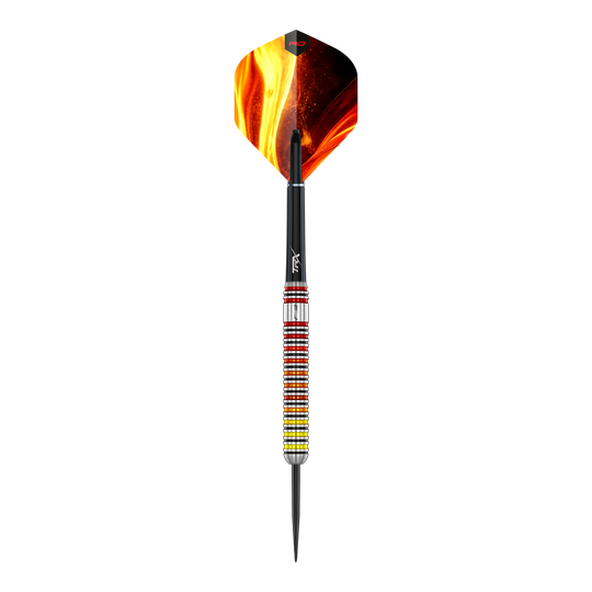 Das Bild zeigt einen Red Dragon Furnace Steeldart. Der Pfeil ist für das klassische Steeldartspiel hergestellt.
