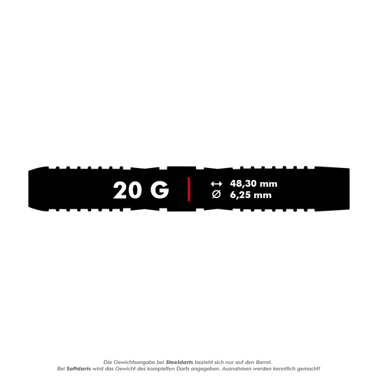 Dardos blandos Red Dragon Panterra - 20 g Das Bild zeigt die Produktangaben für die Red Dragon Panterra Softdarts mit einem Gewicht von 20 Gramm. Die Darts sind 48,30 mm lang und haben einen Durchmesser von 6,25 mm.