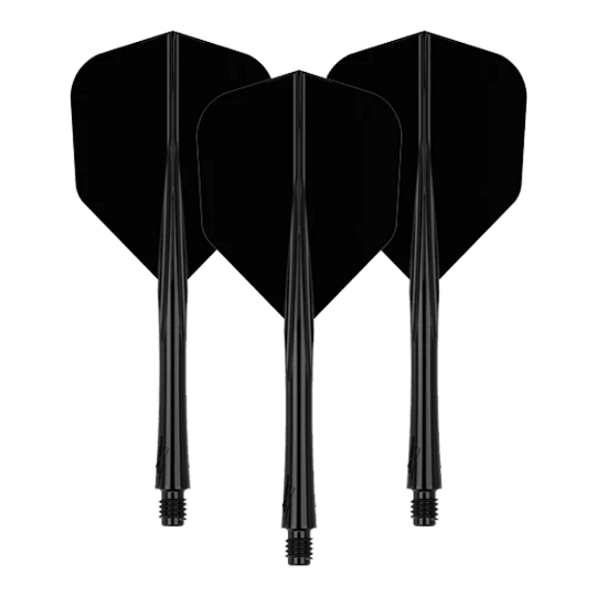 Sistema de eje de vuelo Caliburn SUP Lite No6 Das Bild zeigt drei schwarze Dart-Flights mit Schäften. Sie sind in einer aufrechten Position nebeneinander angeordnet.