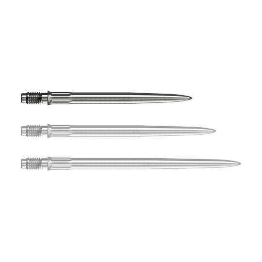 Puntas de dardo Mission R2.5 Rapid Point SM1 - Plateadas Eine silberne Dartspitze liegt vor weißem Hintergrund. Die Spitze ist eine Mission R25 Rapid Point SM1 mit einer Länge von 30mm.