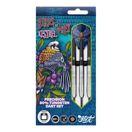 Dardos de acero Kestrel de Shot Birds Of Prey Das Bild zeigt die Verpackung der "Shot Birds Of Prey Kestrel Steeldarts". Auf der Verpackung ist ein bunter Vogel abgebildet, und die Darts bestehen aus 80% Tungsten.