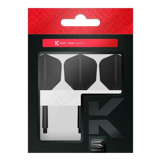 Das Bild zeigt eine Verpackung mit drei schwarzen Dartflights und Schäften. Die Marke „TARGET“ und die Produktbezeichnung „K FLEX No6 SHAPE“ sind auf der Packung zu sehen.