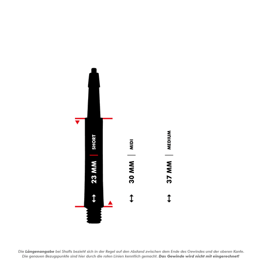HRC12619_Harrows_Clic_Standard_Shafts_5_23mm Das Bild zeigt die Harrows Clic Standard Shafts in Schwarz in verschiedenen Längen. Die Abbildung vergleicht die Größen Short (23 mm), Midi (30 mm) und Medium (37 mm).