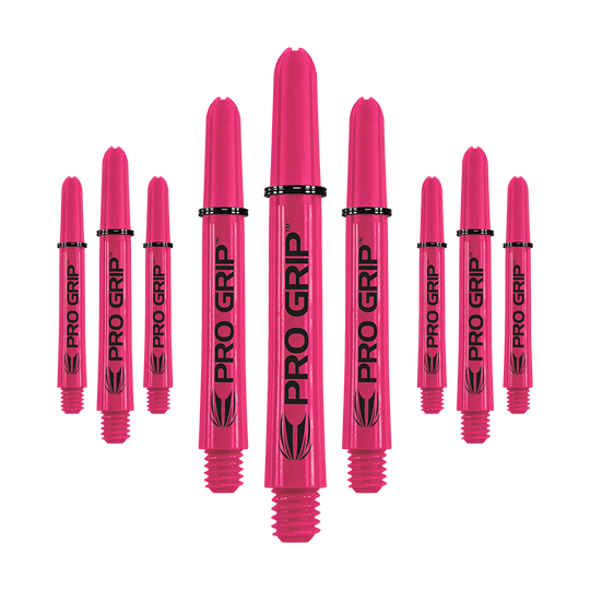 Varillas Target Pro Grip - 3 juegos - Rosa Das Bild zeigt neun pinke Dartshafts mit der Aufschrift "PRO GRIP". Die Shafts sind in drei Reihen angeordnet und heben sich deutlich vor dem weißen Hintergrund ab.