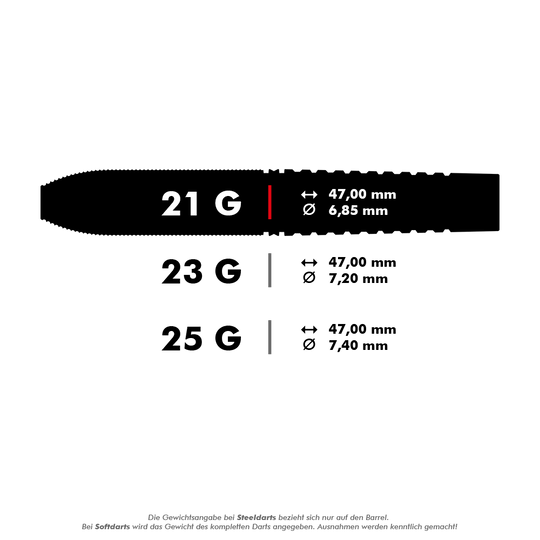 Target Raymond Van Barneveld Chrono 95 Dardos de acero con punta suiza Das Bild zeigt die Spezifikationen von Steeldarts mit unterschiedlichen Gewichten: 21g, 23g und 25g. Für alle Varianten beträgt die Länge 47,00 mm, wobei die Durchmesser je nach Gewicht variieren.