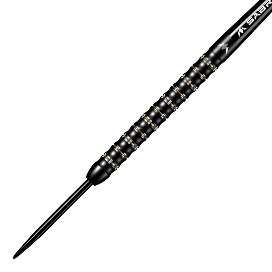Misión Mike De Decker MDD Black Gold Steeldarts Das Bild zeigt den Mission Mike De Decker MDD Black Gold Steeldart. Der Dartpfeil ist überwiegend schwarz mit goldenen Akzenten und hat ein strukturiertes Griffdesign.
