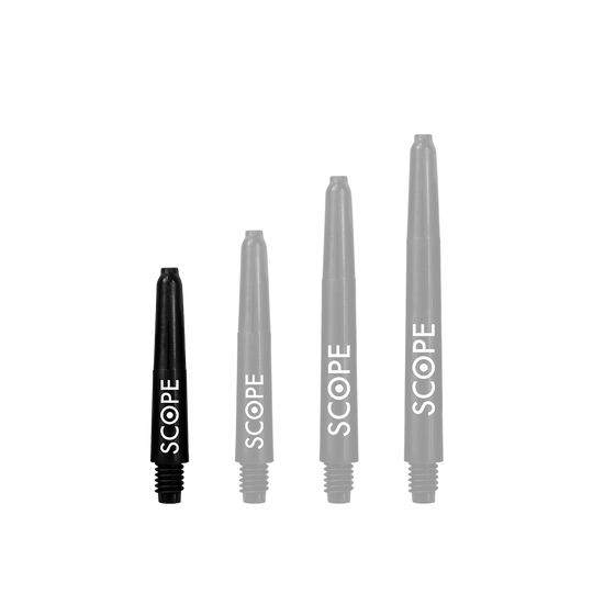 Das Bild zeigt vier schwarze McDart Scope Nylon Shafts in unterschiedlichen Längen. Auf jedem Schaft steht das Wort "SCOPE" in weißer Schrift.