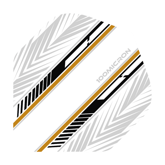 Vuelos de pentatlón blanco/negro/dorado Das Bild zeigt das Produkt "Pentathlon White Black Gold No2 Standard Flights". Das Flight ist überwiegend weiß mit schwarzen, goldenen und grauen Mustern sowie der Aufschrift "100 MICRON".