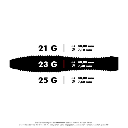 Dardos de acero V-Wing edición aniversario de Harrows Das Bild zeigt die Spezifikationen von Steeldarts mit den Gewichten 21 g, 23 g und 25 g. Länge und Durchmesser der Darts sind jeweils angegeben, wobei alle Darts 48,00 mm lang sind und sich im Durchmesser unterscheiden.