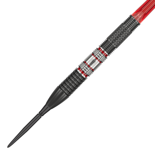 Dardos de acero Target Gabriel Clemens 95K Swiss Point Das Bild zeigt einen Target Gabriel Clemens 95K Swiss Point Steeldart. Der Dart hat ein modernes Design mit schwarzen, silbernen und roten Akzenten.