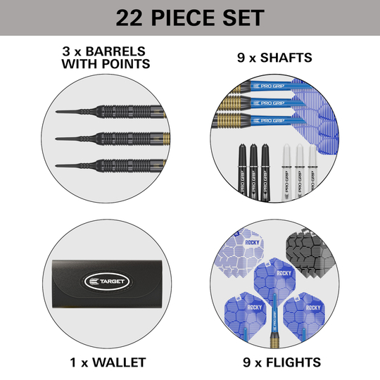 Dardos blandos Target Josh Rock Brass - 18 g Das Bild zeigt das 22-teilige Set "Target Josh Rock Brass Softdarts - 18g". Es enthält 3 Barrels mit Spitzen, 9 Shafts, 1 Wallet und 9 Flights.