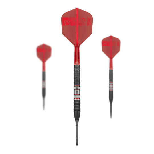 Dardos de acero Target Gabriel Clemens 95K Swiss Point Das Bild zeigt drei Steeldarts des Modells „Target Gabriel Clemens 95K Swiss Point“. Die Darts haben schwarze Spitzen, schwarze Griffbereiche und rote Flights.