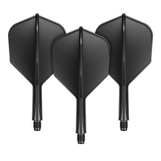 Das Bild zeigt drei schwarze Dart-Flights mit integriertem Shaft. Sie sind nebeneinander angeordnet und verfügen über einen kurzen Schaft mit Schraubgewinde.