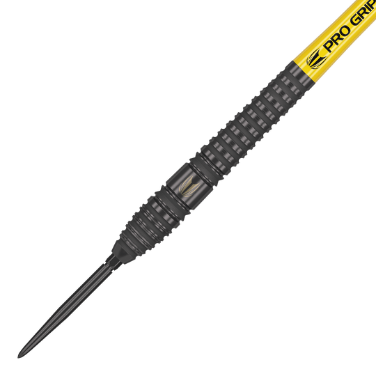 Dardos de acero Target Bolide Void 03 Swiss Point Das Bild zeigt den Target Bolide Void 03 Swiss Point Steeldart. Der Dartpfeil hat ein schwarzes, geriffeltes Barrel und eine gelbe Pro Grip Spitze.