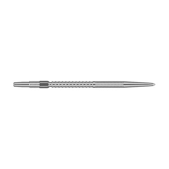 Puntas de dardos Target Swiss Firepoint Silver Das Bild zeigt eine silberne Dartspitze mit einem gerillten, strukturierten Design. Sie ist lang und schmal, mit einer spitzen Spitze am rechten Ende.